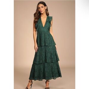 Molinetto Forest Green Lace Ruffled Tiered Sleeveless Maxi Dress